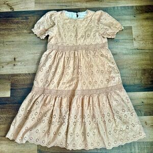 The Young London 50-50 Cotton-Linen Elegant Tan Eyelet Midi Dress Med Fit